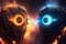 close-up of two robots' eyes, with menacing stare and sparks flying