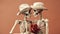 Close-up of two skeletons in love with hats and roses in their hands, romantic. Generative AI.