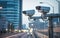 Close up of two surveillance cameras monitoring traffic on busy city street. Generative AI illustration