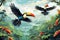 Close-up of two toucan flying outdoors