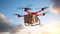 CLOSE UP: UAV drone delivery delivering big brown post package into urban city