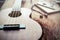 Close up of ukulele on old wood background with soft light