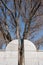 Close up of Umschlagplatz Memorial with tree behind, collection point for Jews from the Warsaw Ghetto.