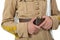 close up of uniform and equipment of french colonial soldier 1930s on white