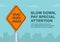 Close-up of United States road work ahead sign. Slow down, pay special attention warning.