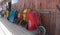 Close up up colorful wheelbarrows used for hauling fish in the harbor of Santa Maria in Cape Verde on Sal Island