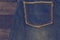 Close up up of fancy washed blue jeans pocket. On oak wood texture background, Ripped jeans of a stack Hipster fashion copy space