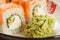 Close up Uramaki Philadelphia. Sushi rolls with salmon, nori, ri