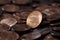 Close up of US one cent coins pile