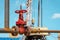 Close-up of the valve plug an oil pipeline in the field on a sunny summer day. Offshore the Industry oil and gas production