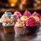 close-up on a variety of beautifully decorated cupcakes