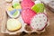 Close up of variety of colorful ester egg cookies with icing dec