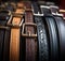 A close up of a variety of leather belts, AI