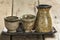 Close-Up variety of sake cups on ancient glass trays.