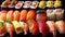 A close up of a variety of sushi on display, AI