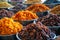 Close up of various of dried fruits at street market in Turkey. Local traditional market at Konyaalti Liman in Antalya