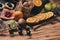 Close up of Various recipes for dessert making placing together on wooden table as background