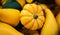 Close - up of various small pumpkins yellow, orange and green at the farmers market. Harvest festival