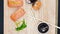 Close Up Of Various Types Of Japanese Fresh Prepared Sushi. Top view dynamic rotation footage.