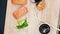 Close Up Of Various Types Of Japanese Fresh Prepared Sushi. Top view dynamic rotation footage.