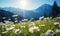 Close-up vast field of delicate white daisies under a clear sky, with towering alpine mountains in the backdrop. Created by AI