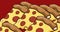 Close-up of vector cheesy pizza slices against red background