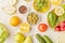 Close up of vegan food menu for Plant based, FODMAP, Mediterranean, KETO diet. Fruits, vegetables, greens, citrus