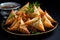 close-up of vegan samosas on a simple white plate