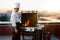 Close-up: vegetables and meat filet mignon on a barbecue grill on the rooftop of a skyscraper. Fire in the barbecue