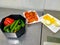 The close-up of vegetables are prepared in the kitchen