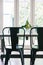 Close up vertical of black metal industrial style dining table