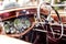 Close up of veteran car, dashboard, windshield, steering wheel
