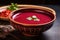 close-up of vibrant beetroot soup in bowl