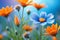 Close-up of a Vibrant Bouquet of Wildflowers: Abstract Blurred Background Transitioning from Cool Blues to Warm Hues