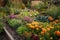 close-up of vibrant and colorful garden, filled with flowers and vegetables