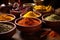 close-up of vibrant indian spices in bowls