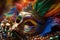 close-up of vibrant mardi gras mask, with beads and feathers in the background