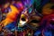 close-up of vibrant mardi gras mask, with beads and feathers in the background