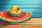 close-up of a vibrant mexican sombrero lying on a wooden table