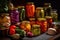 close-up of vibrant pickled vegetables in glass jars