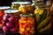 close-up of vibrant pickled vegetables in glass jars