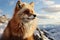 Close-up of a vibrant red fox with luminous fur, gazing distantly against a snowy mountain backdrop.