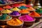 close-up of vibrant spice powders in wooden bowls