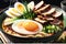 Close-up of a vibrant, steaming bowl of ramen with succulent pork slices, soft-boiled egg with runny yolk
