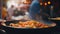 Close-up of a vibrant street food dish, blurred background of a bustling market