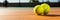 Close up of vibrant tennis ball with detailed texture on court banner with empty space for text