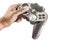 Close up of video game controller in hand isolated : clipping path.