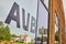 Close up view of ACD Automobile Museum window with Auburn decal