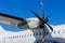 Close up view of the airplane engine and propeller blades