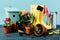 close up view of arranged rubber boots with flowers, flowerpots, gardening tools, watering can and birdhouse on wooden tabletop